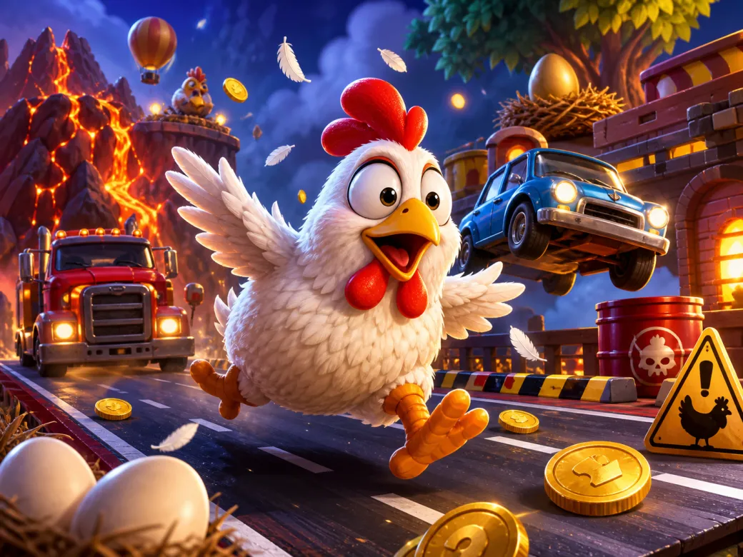 Colorful chicken character crossing a busy road with feathers and eggs, capturing a playful casino slot theme.