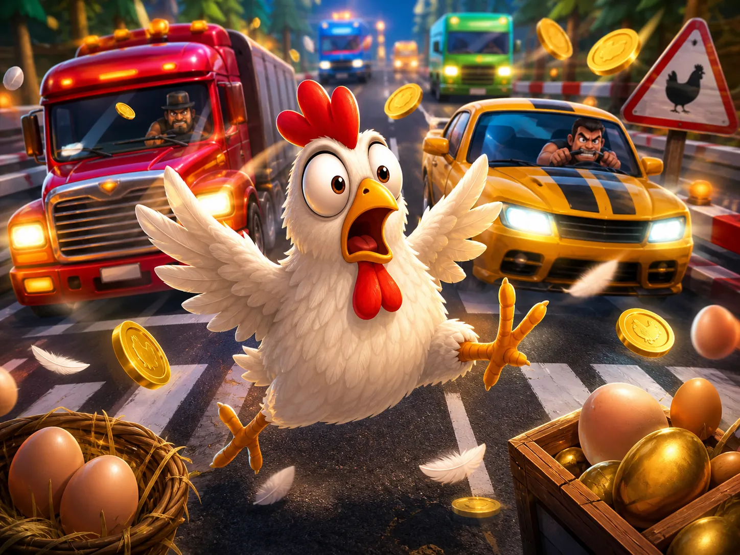 Colorful chicken crossing a road with playful symbols and traffic lanes, depicting the Chicken Road slot game atmosphere.