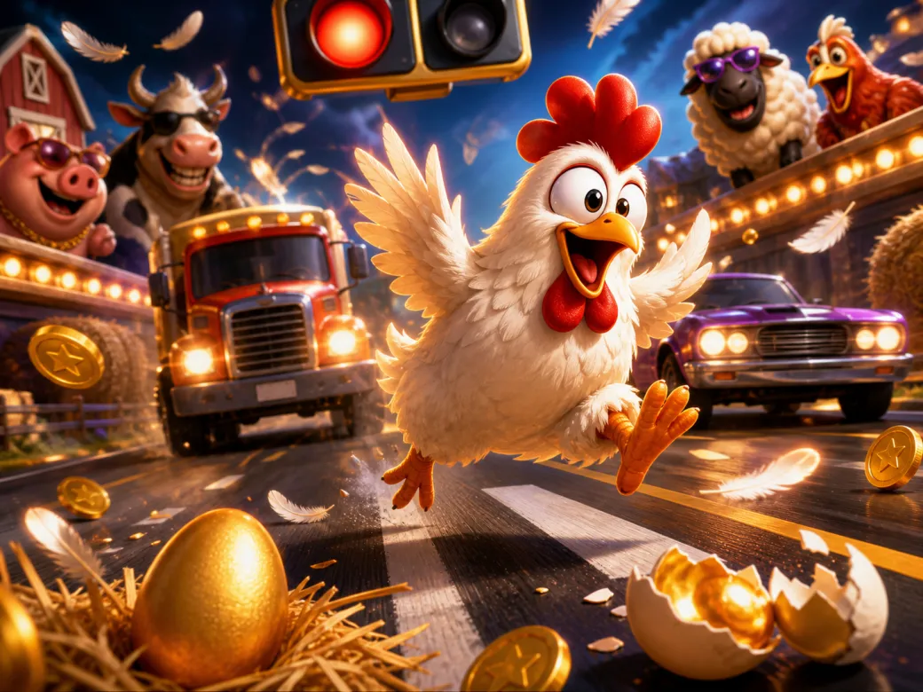 Artwork of Chicken Road slot game with a funny chicken on a road, surrounded by feathers and traffic signs.