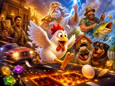 Colorful chicken character crossing a busy road with traffic lanes and playful danger atmosphere.
