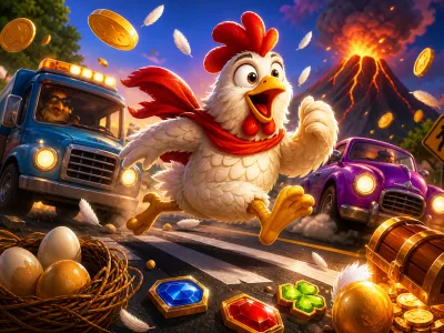 Colorful illustration of a funny chicken character navigating a busy road in a vibrant game world with playful danger and fea