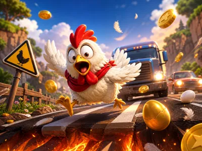 Funny chicken on road with traffic lanes, feathers, and eggs embodying playful slot game theme.