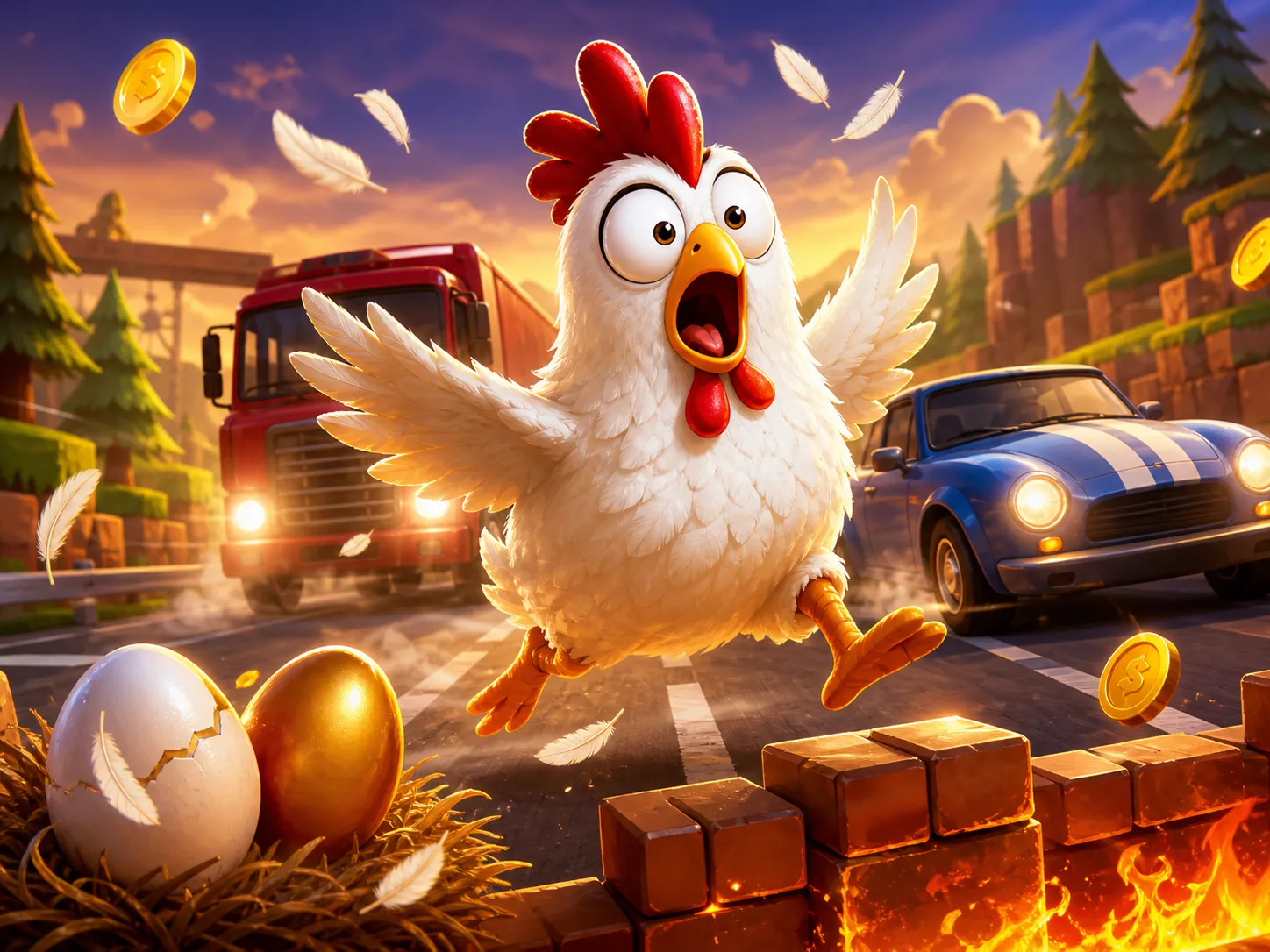 Chicken-themed slot game image with playful chickens crossing a road, feathers, and traffic lanes in a vibrant, humorous sett